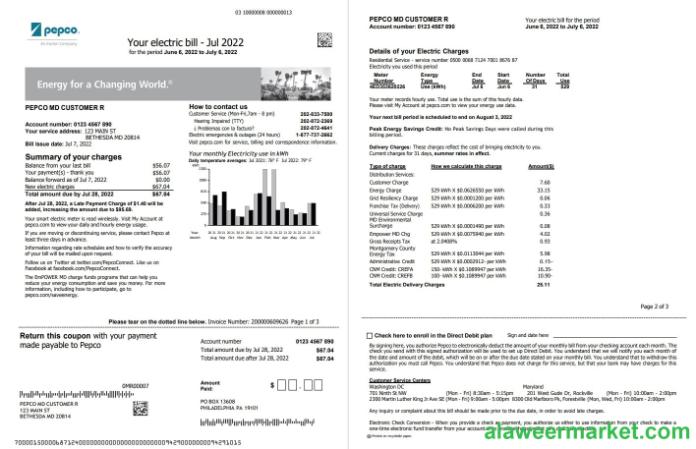 USA Maryland Pepco utility bill, Word and PDF template, 3 pages 1 2